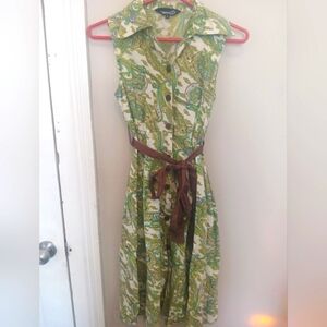 Fashion Village 100% Cotton Sustainable Green Paisley Dress with Brown Belt